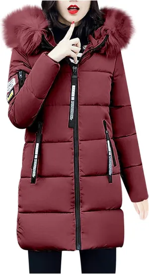 Womens Winter Thick Puffer Jacket Furry Collar Hoodie Outerwear Zipper Pocket Long Coats Warm Cotton Down Jackets
