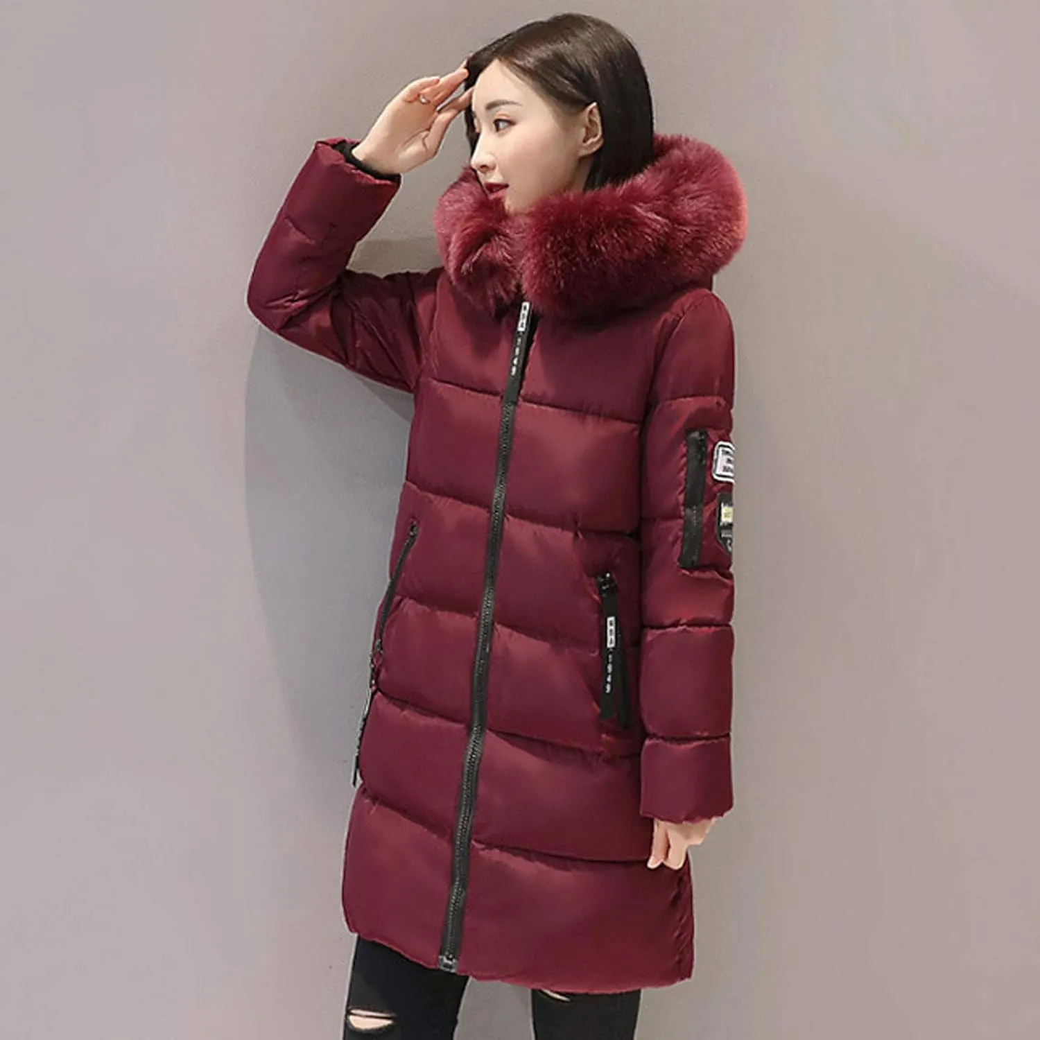 Womens Winter Thick Puffer Jacket Furry Collar Hoodie Outerwear Zipper Pocket Long Coats Warm Cotton Down Jackets