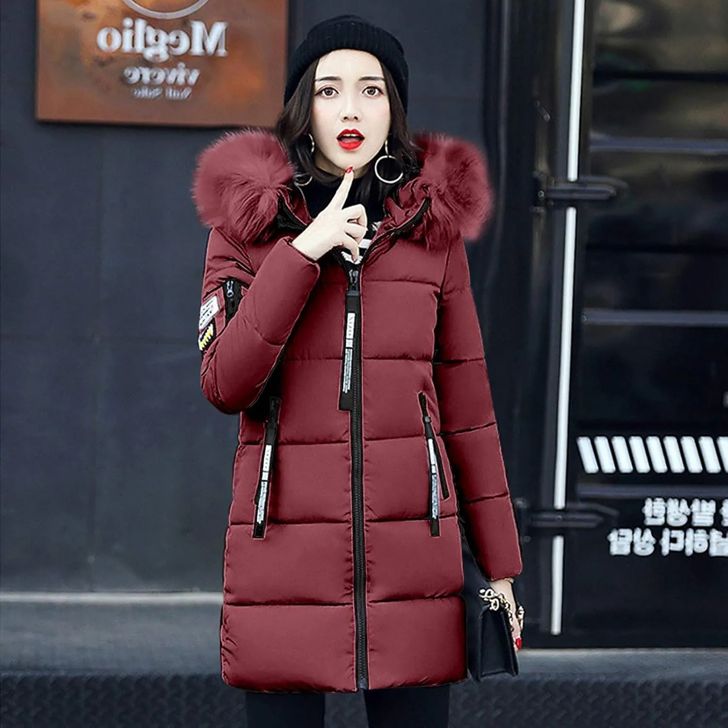 Womens Winter Thick Puffer Jacket Furry Collar Hoodie Outerwear Zipper Pocket Long Coats Warm Cotton Down Jackets