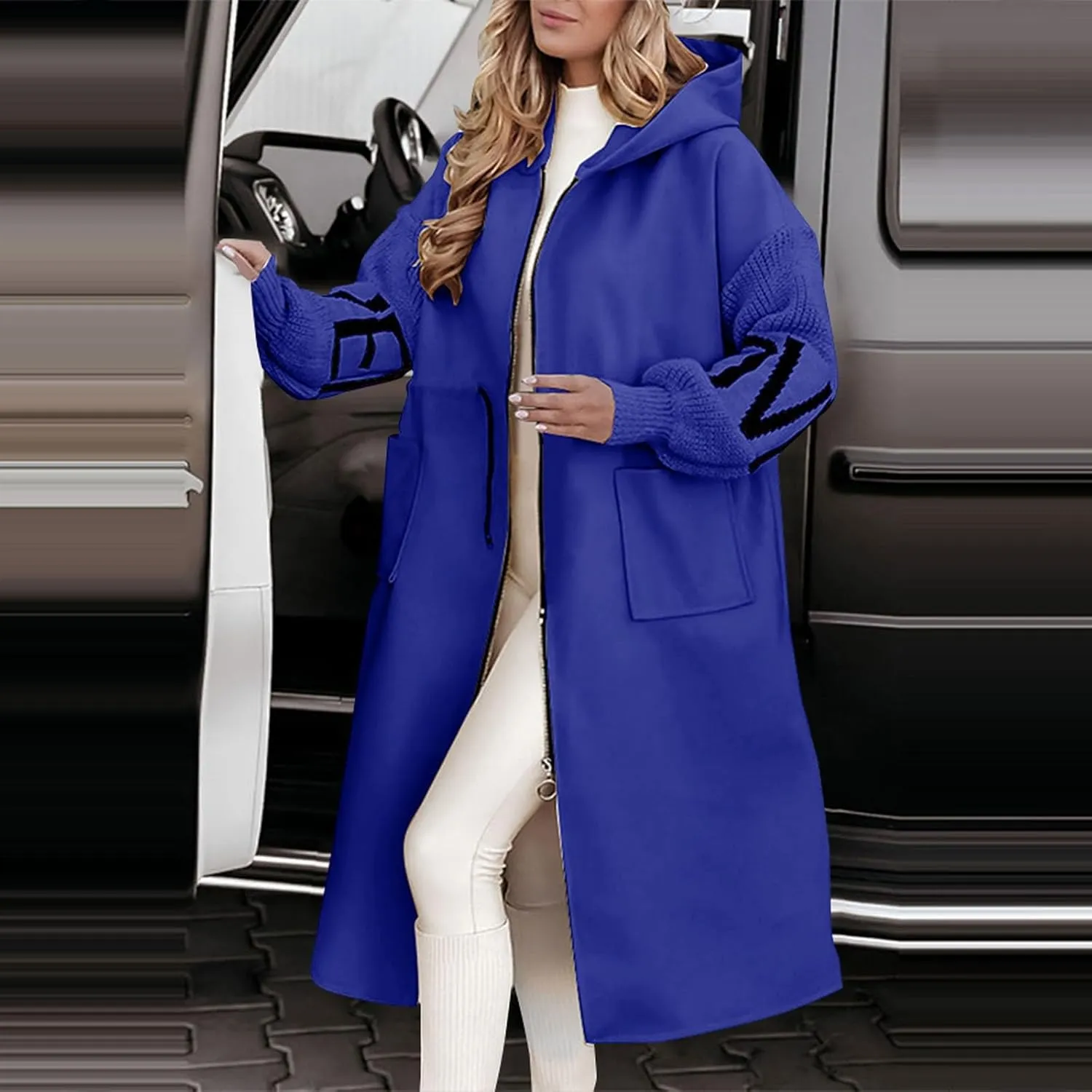 Womens Wool Blend Pea Coat Fashion Winter Dressy Overcoat Zipped Trench Jackets with Hood