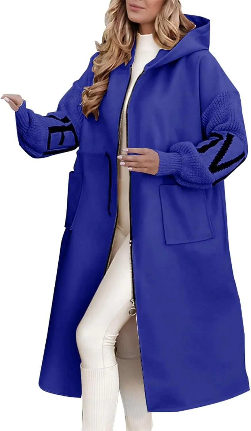Womens Wool Blend Pea Coat Fashion Winter Dressy Overcoat Zipped Trench Jackets with Hood