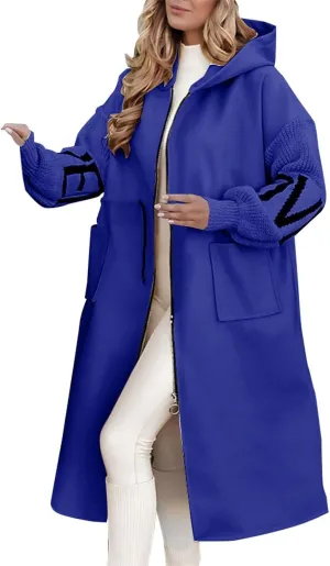 Womens Wool Blend Pea Coat Fashion Winter Dressy Overcoat Zipped Trench Jackets with Hood