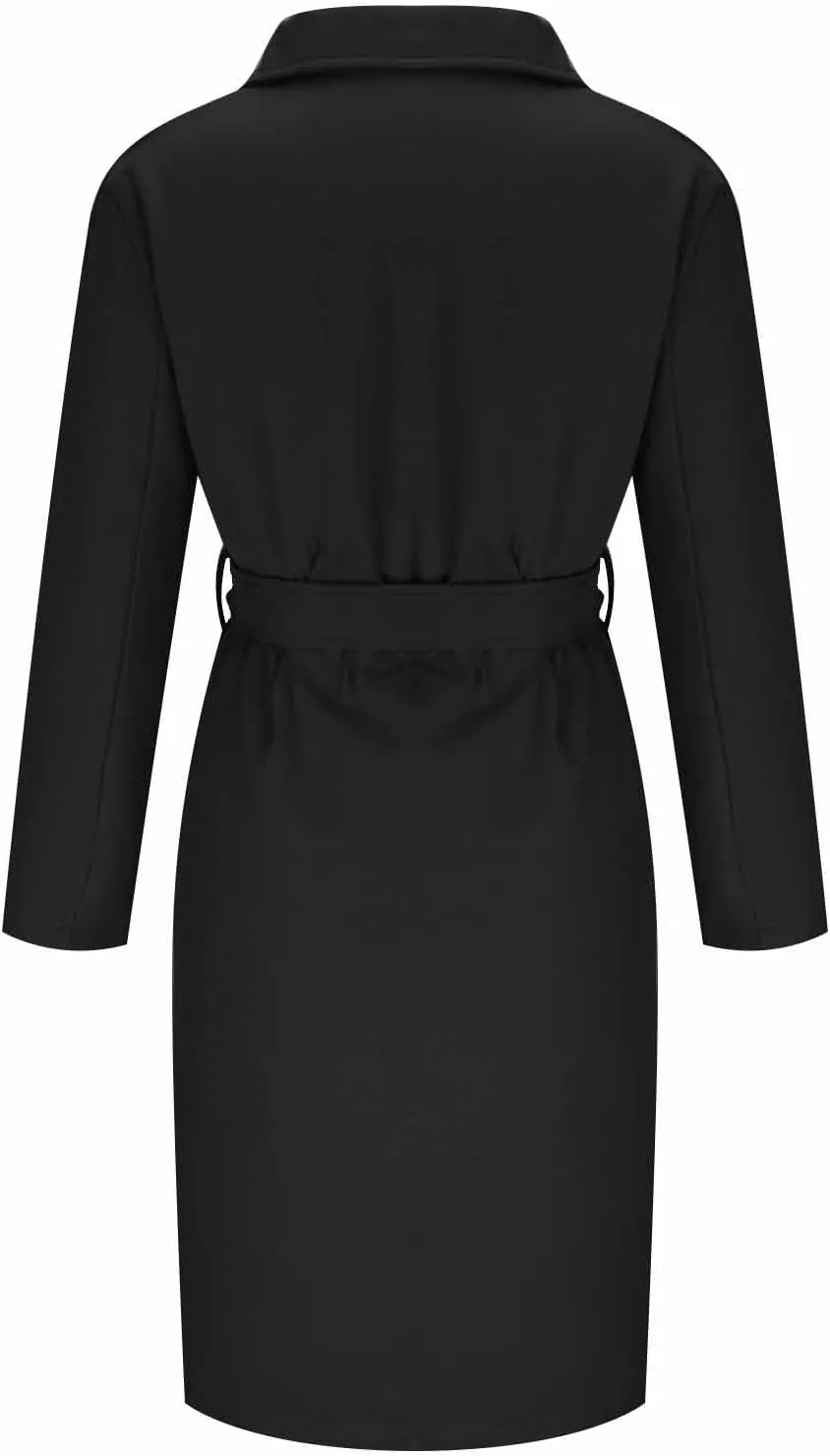 Womens Wool Blend Trench Coats Business Casual Tie Waist Jackets Long Sleeve Notched Lapel Collar Work Pea Coats