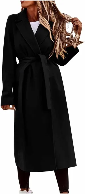 Womens Wool Blend Trench Coats Business Casual Tie Waist Jackets Long Sleeve Notched Lapel Collar Work Pea Coats