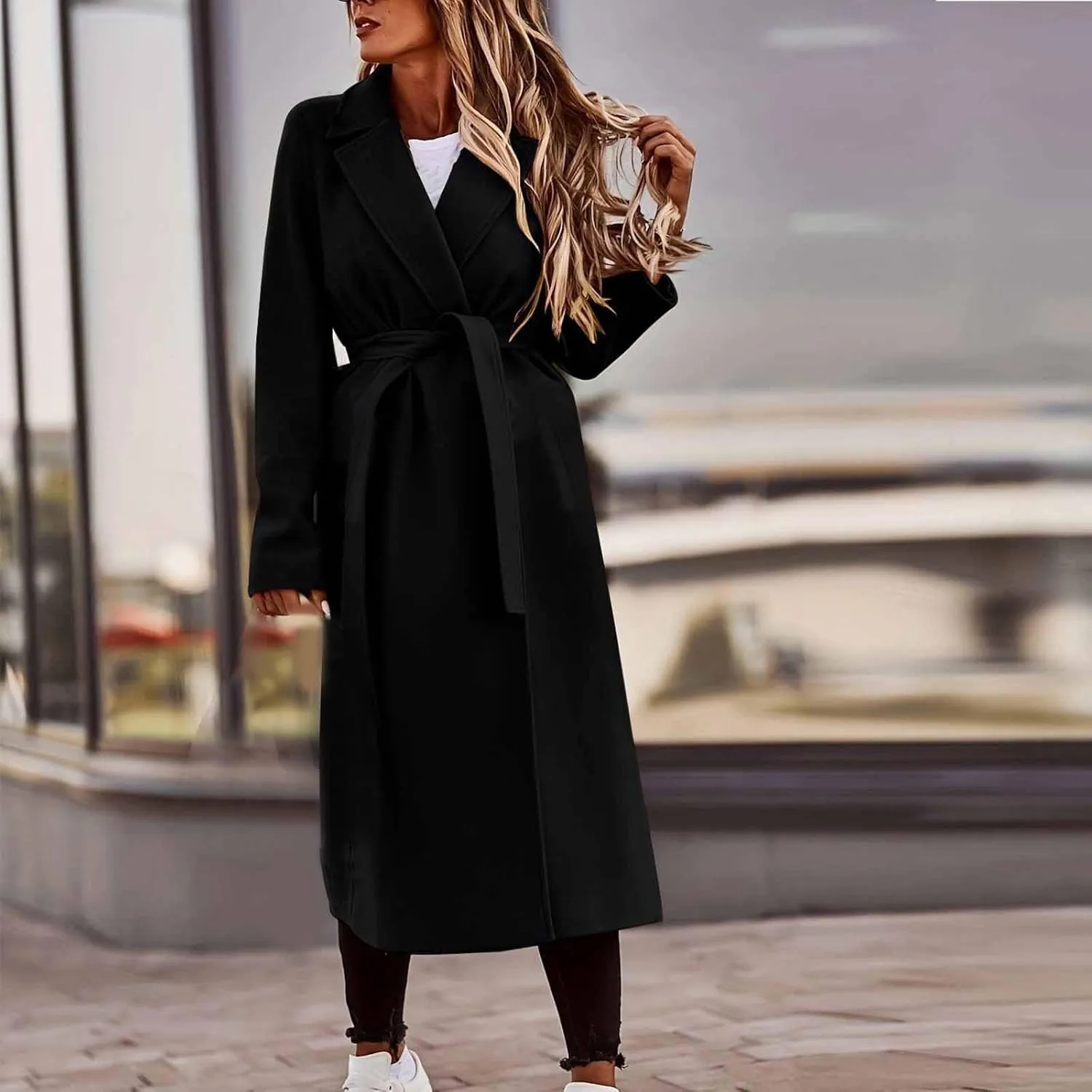 Womens Wool Blend Trench Coats Business Casual Tie Waist Jackets Long Sleeve Notched Lapel Collar Work Pea Coats
