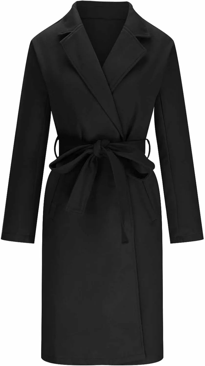 Womens Wool Blend Trench Coats Business Casual Tie Waist Jackets Long Sleeve Notched Lapel Collar Work Pea Coats