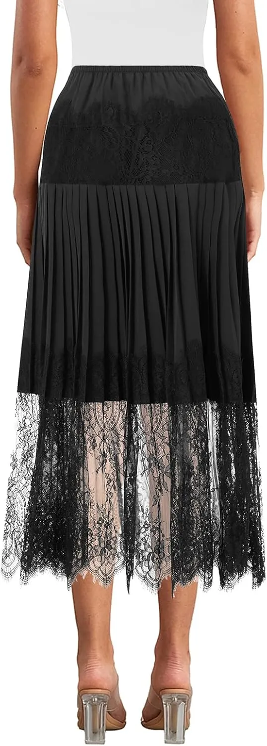 Women's Y2k Lace Midi Skirt Mid-Rise Lace Trim Half Slip Skirt Ruffle Pleated Layered Flowy Skirts Underskirt
