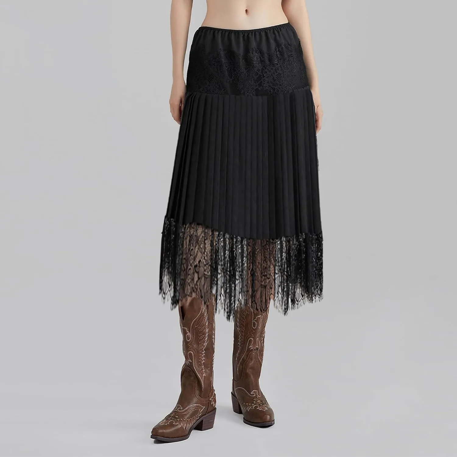 Women's Y2k Lace Midi Skirt Mid-Rise Lace Trim Half Slip Skirt Ruffle Pleated Layered Flowy Skirts Underskirt