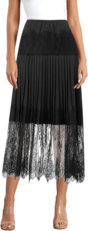 Women's Y2k Lace Midi Skirt Mid-Rise Lace Trim Half Slip Skirt Ruffle Pleated Layered Flowy Skirts Underskirt