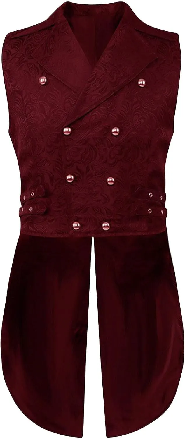 Xiaojmake Mens Gothic Steampunk Vest Double Breasted Jacquard Brocade Vest Swallowtail Waistcoat Medieval Sleeveless Tailcoat