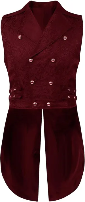 Xiaojmake Mens Gothic Steampunk Vest Double Breasted Jacquard Brocade Vest Swallowtail Waistcoat Medieval Sleeveless Tailcoat