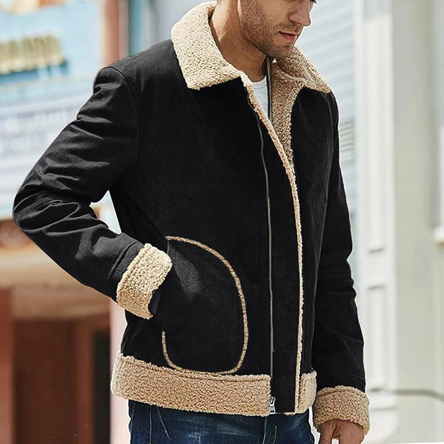 XIAXOGOOL Jackets For Men,Men's Shearling Coat Faux Suede Sherpa Lined Winter Thicken Warm Jacket With Pockets