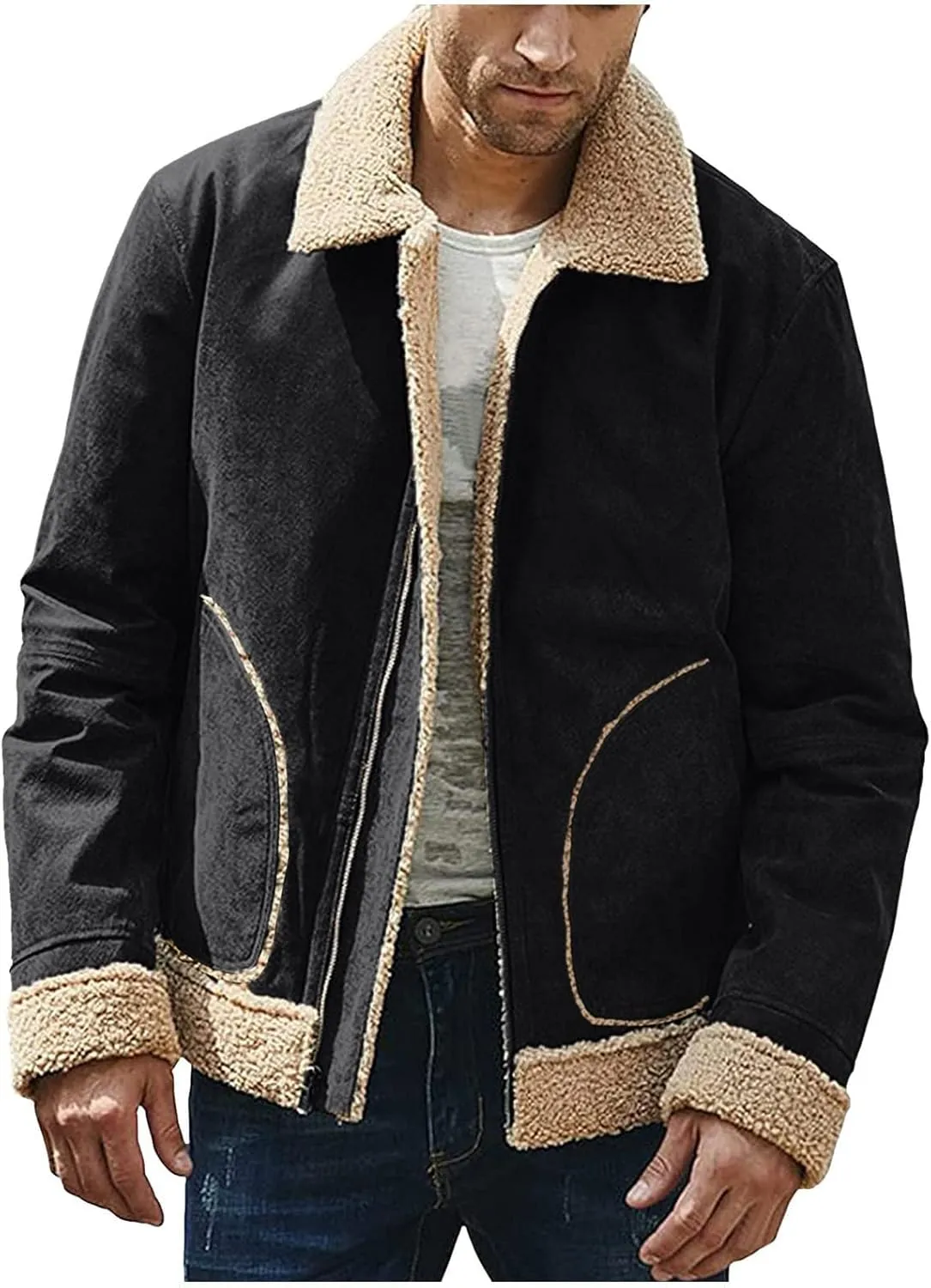XIAXOGOOL Jackets For Men,Men's Shearling Coat Faux Suede Sherpa Lined Winter Thicken Warm Jacket With Pockets