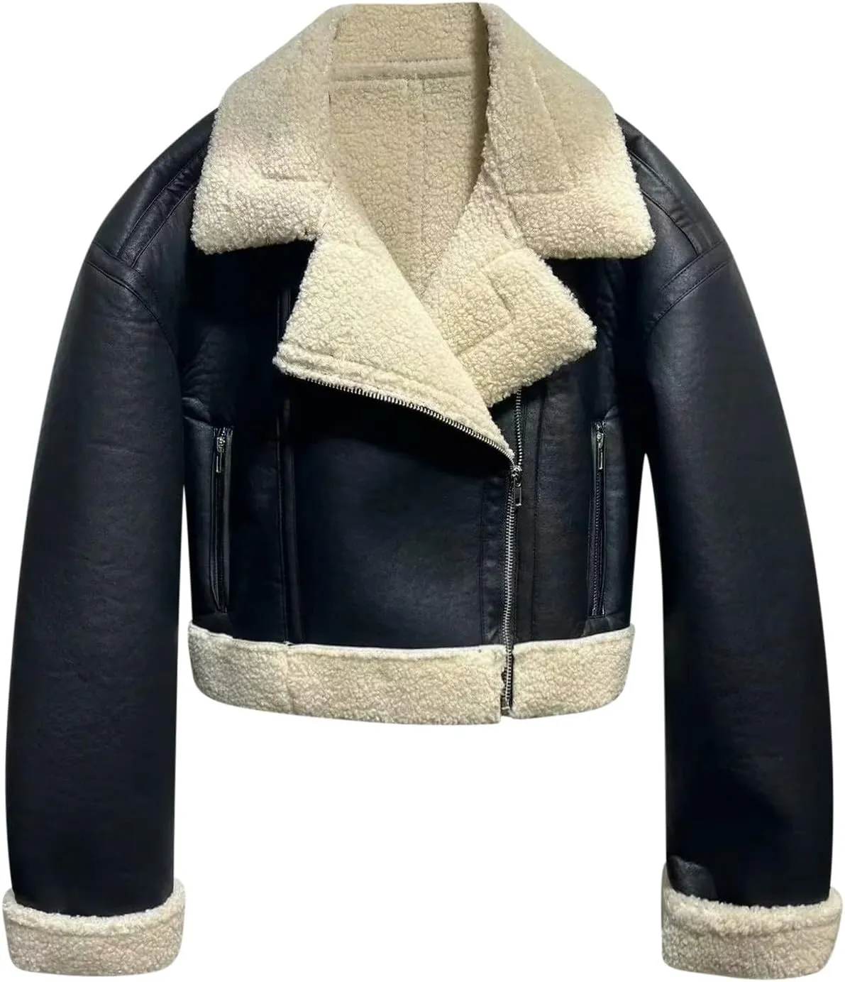 XUNRYAN Women's Faux-Leather Shearling Moto Bomber Jacket Sherpa Coat Winter Aviator Faux-Leather Coat Outwear Hippie Clothes