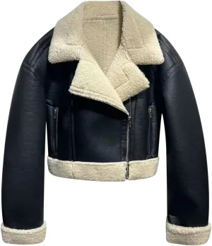 XUNRYAN Women's Faux-Leather Shearling Moto Bomber Jacket Sherpa Coat Winter Aviator Faux-Leather Coat Outwear Hippie Clothes