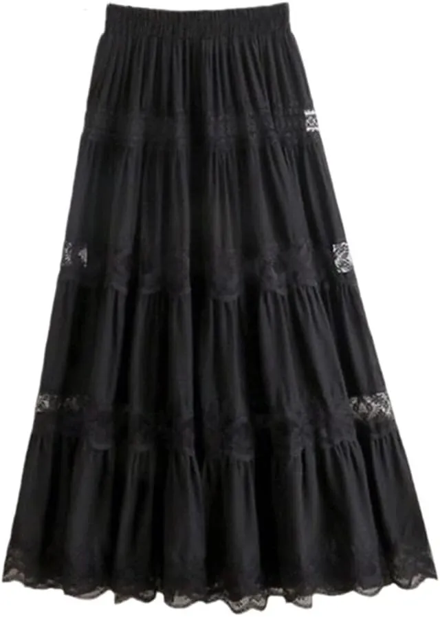 YIOLEAMP Sweet Chiffon Lace Stitching A-Line Pleated Skirt, Women High Waist Midi Skirts, Black Elegant Party Long Skirt