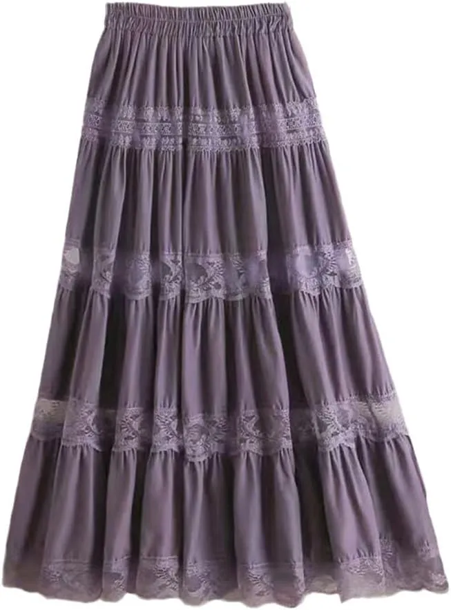 YIOLEAMP Sweet Chiffon Lace Stitching A-Line Pleated Skirt, Women High Waist Midi Skirts, Black Elegant Party Long Skirt