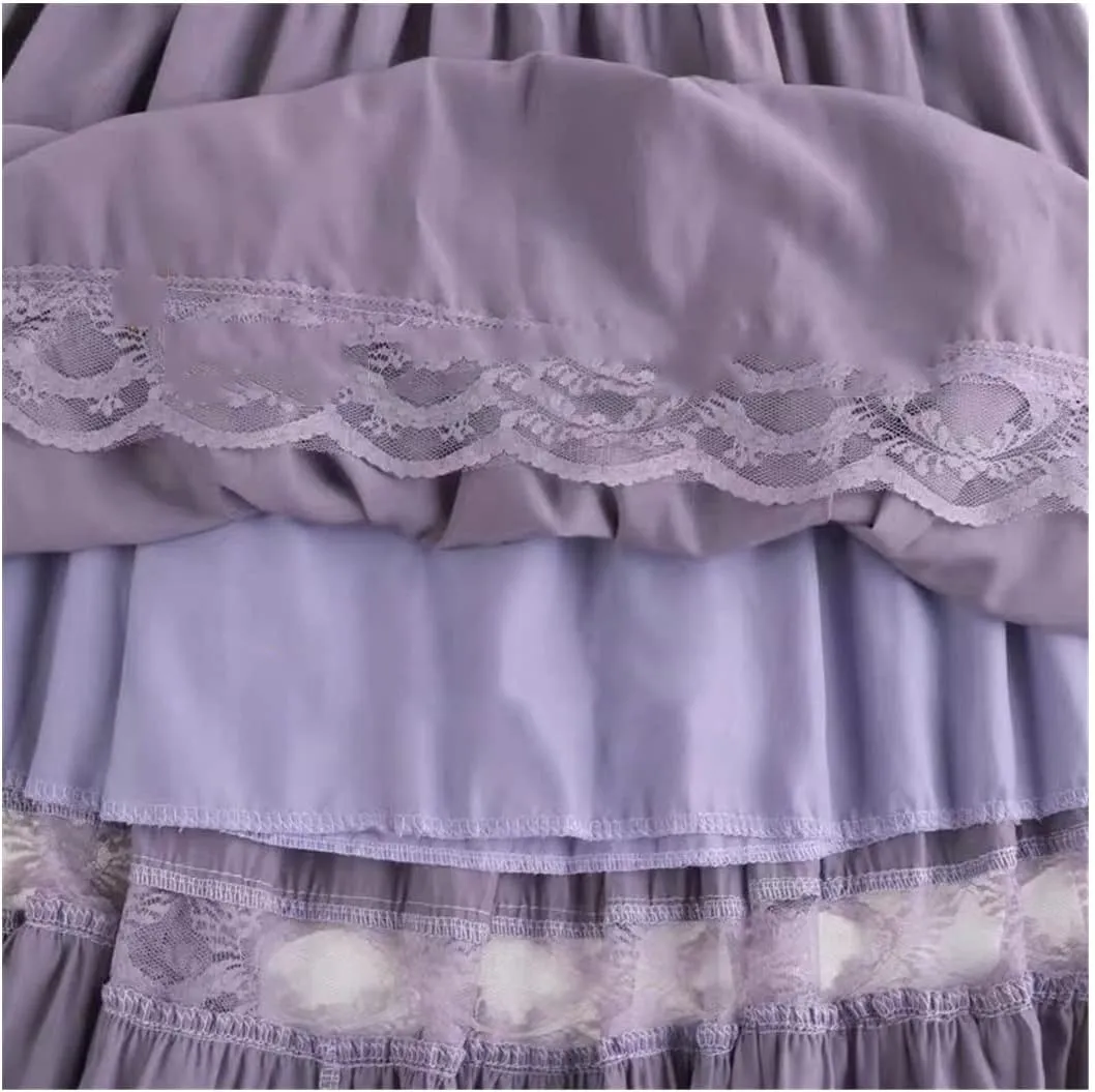 YIOLEAMP Sweet Chiffon Lace Stitching A-Line Pleated Skirt, Women High Waist Midi Skirts, Black Elegant Party Long Skirt
