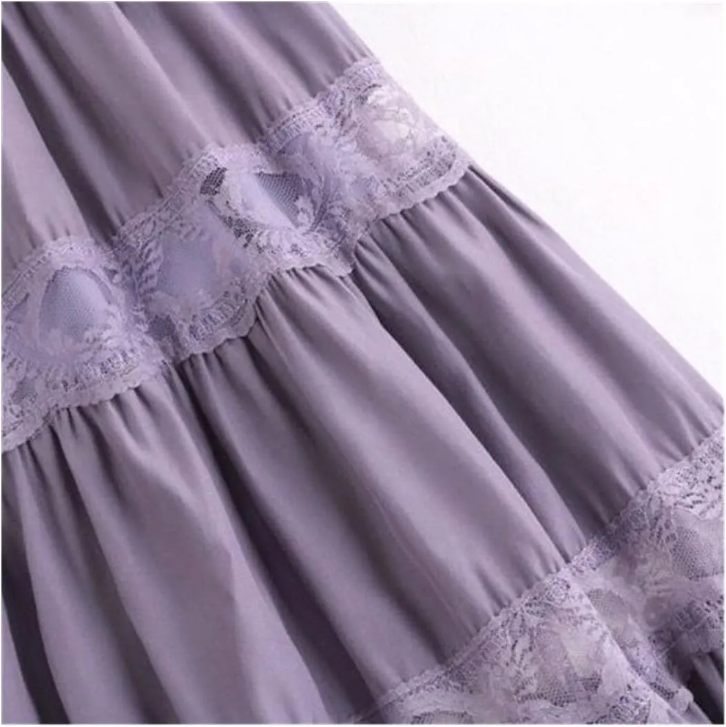YIOLEAMP Sweet Chiffon Lace Stitching A-Line Pleated Skirt, Women High Waist Midi Skirts, Black Elegant Party Long Skirt