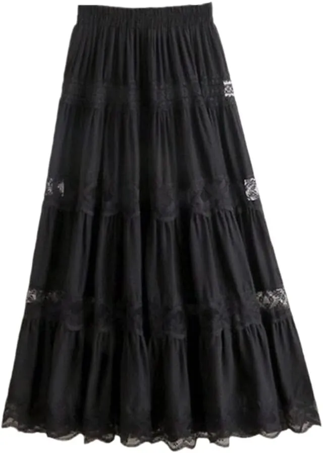 YIOLEAMP Sweet Chiffon Lace Stitching A-Line Pleated Skirt, Women High Waist Midi Skirts, Black Elegant Party Long Skirt