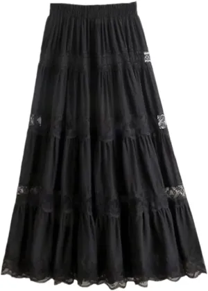 YIOLEAMP Sweet Chiffon Lace Stitching A-Line Pleated Skirt, Women High Waist Midi Skirts, Black Elegant Party Long Skirt