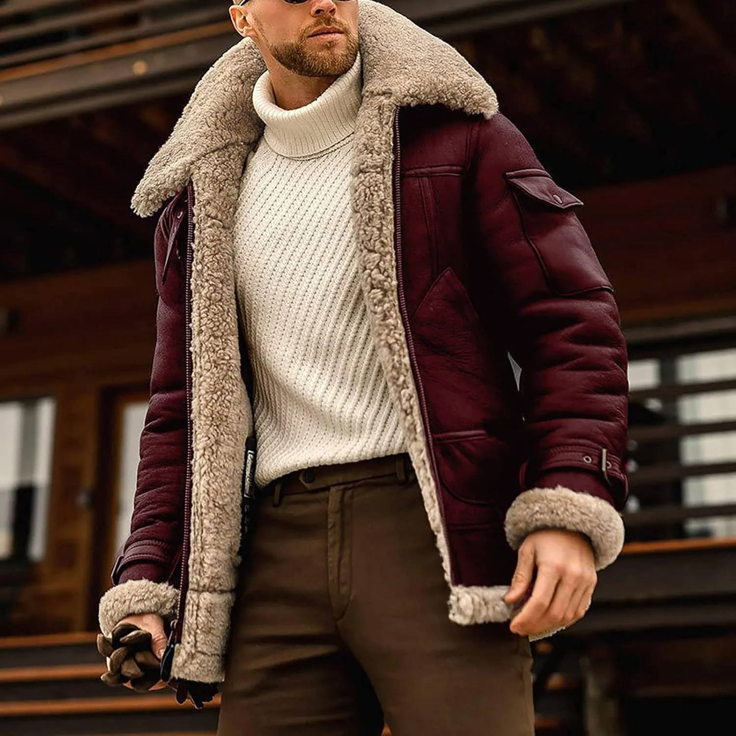 Ymosrh Men's Leather Coats Faux Sherpa Lined Bomber Jacket Winter Warm Turn-Down Collar Coats Jacket, M-5XL