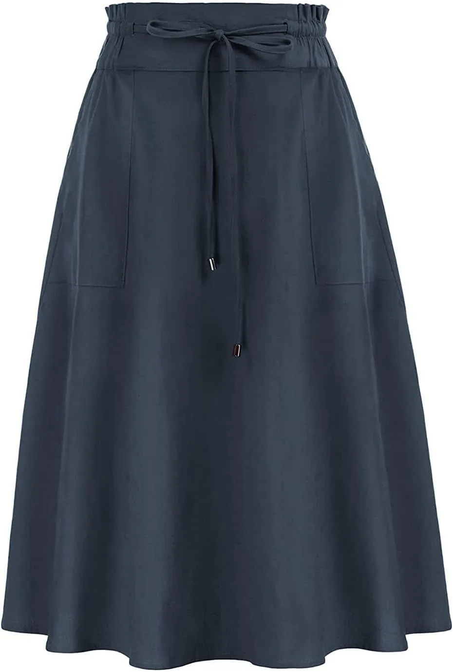YOLAI Women Elastic High Waist Solid Colours Boho Knee Length Skirt Casual Drawstring A Line Long Skirt with Pockets