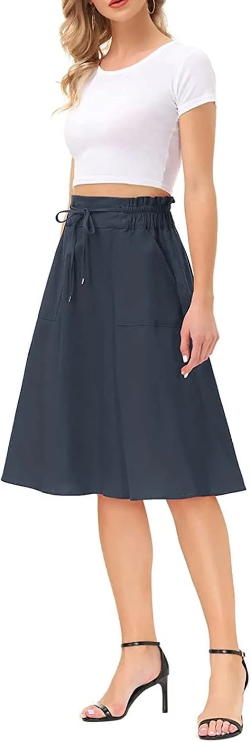 YOLAI Women Elastic High Waist Solid Colours Boho Knee Length Skirt Casual Drawstring A Line Long Skirt with Pockets