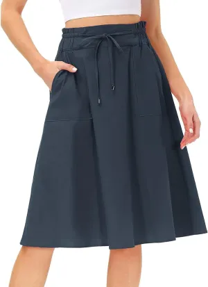 YOLAI Women Elastic High Waist Solid Colours Boho Knee Length Skirt Casual Drawstring A Line Long Skirt with Pockets