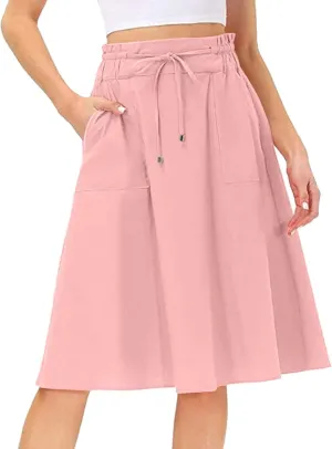 YOLAI Women Elastic High Waist Solid Colours Boho Knee Length Skirt Casual Drawstring A Line Long Skirt with Pockets