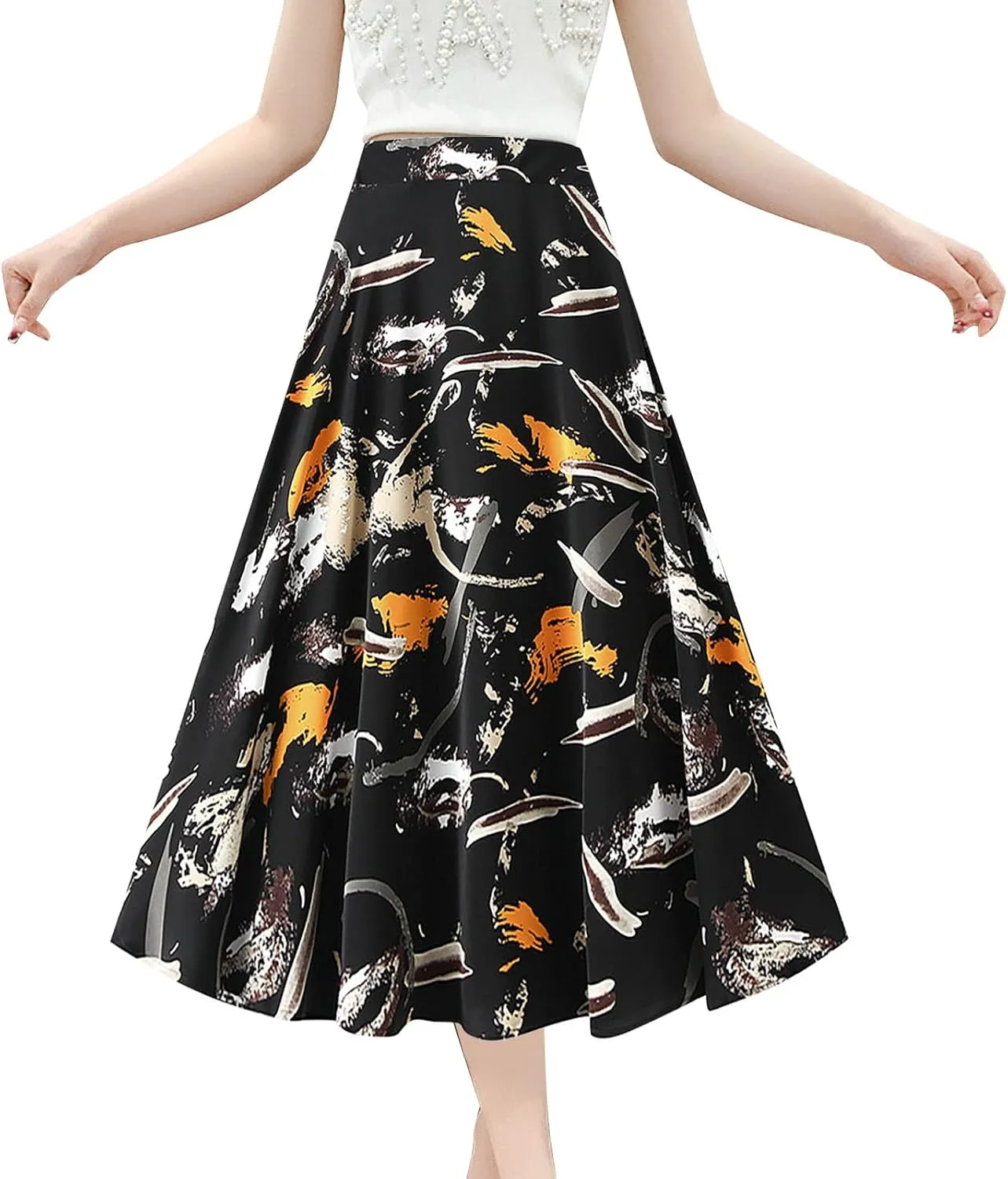YOLAI Womens Casual Print A Line Skirts High Waist Pleated Skirt Flowy Swing Elegant Business Work Midi Skirt