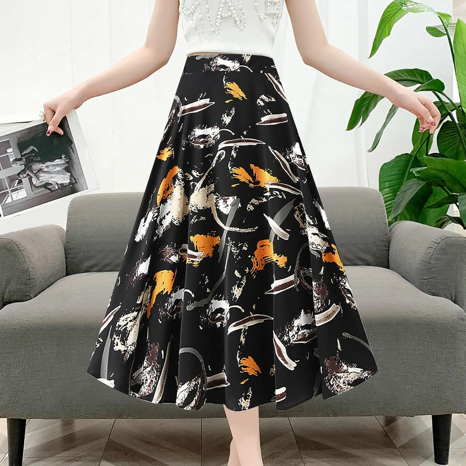 YOLAI Womens Casual Print A Line Skirts High Waist Pleated Skirt Flowy Swing Elegant Business Work Midi Skirt