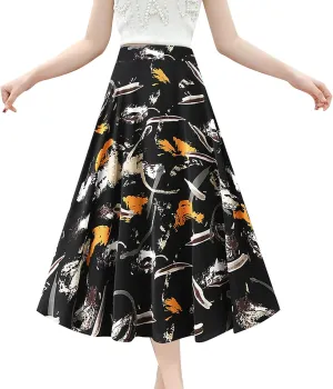 YOLAI Womens Casual Print A Line Skirts High Waist Pleated Skirt Flowy Swing Elegant Business Work Midi Skirt