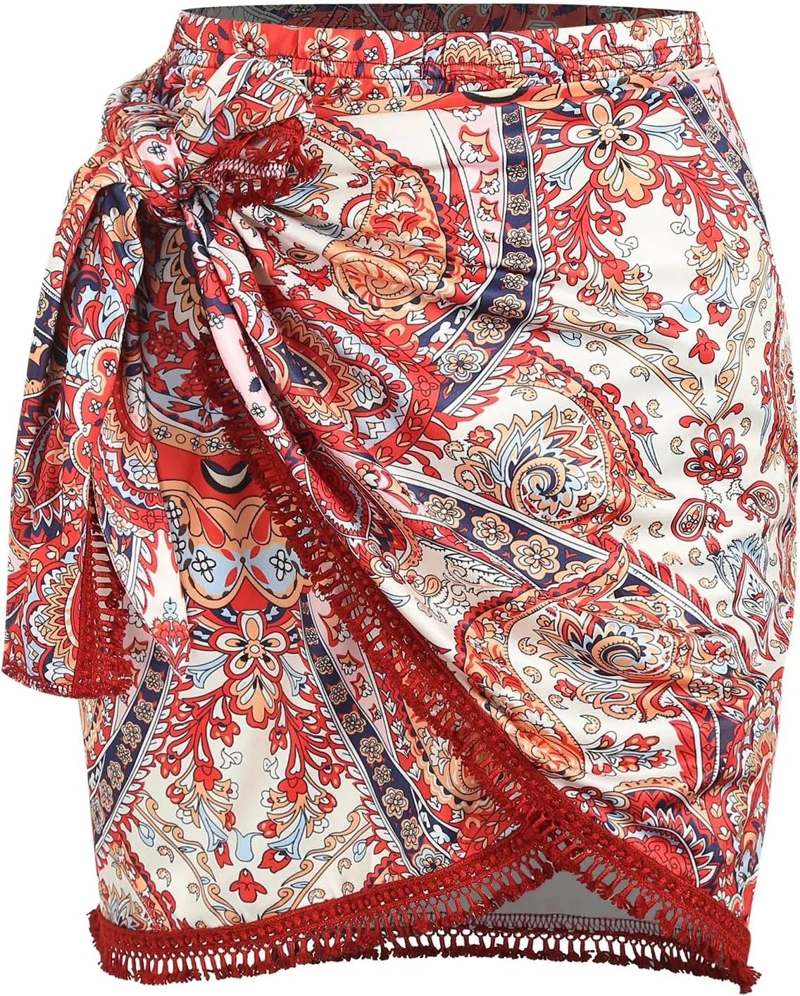 ZAFUL Slit Skirt for Women Boho Print Tie Side Wrap Tassel Casual Beach Mini Skirt