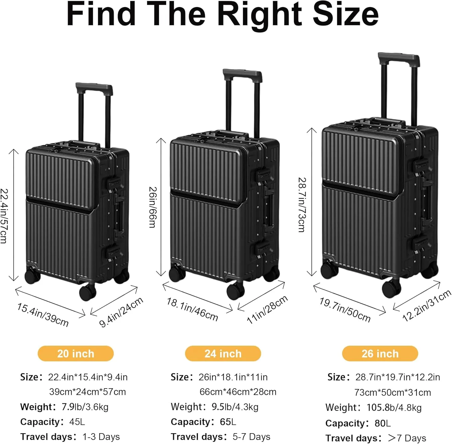 Zipperless Luggage, Polycarbonate Aluminum Hard Shell, Expandable Carry-On Suitcase with Spinner Wheels, Hard Shell Suitcase, 26 Inch Cabin