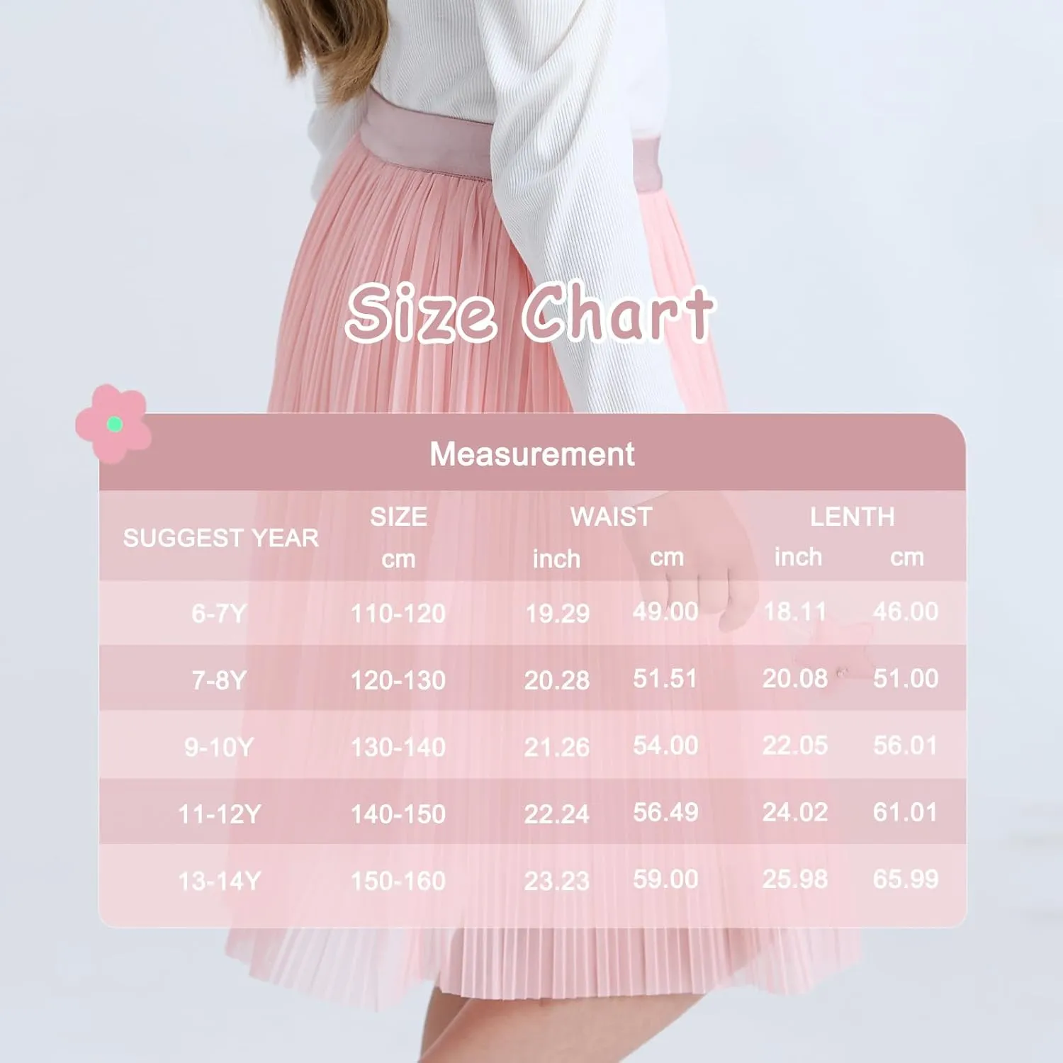 ZUNW Girls Mesh Pleated Skirt Elastic High Waist A-Line Swing Tulle Midi Skirt for Girl 6-14 Years